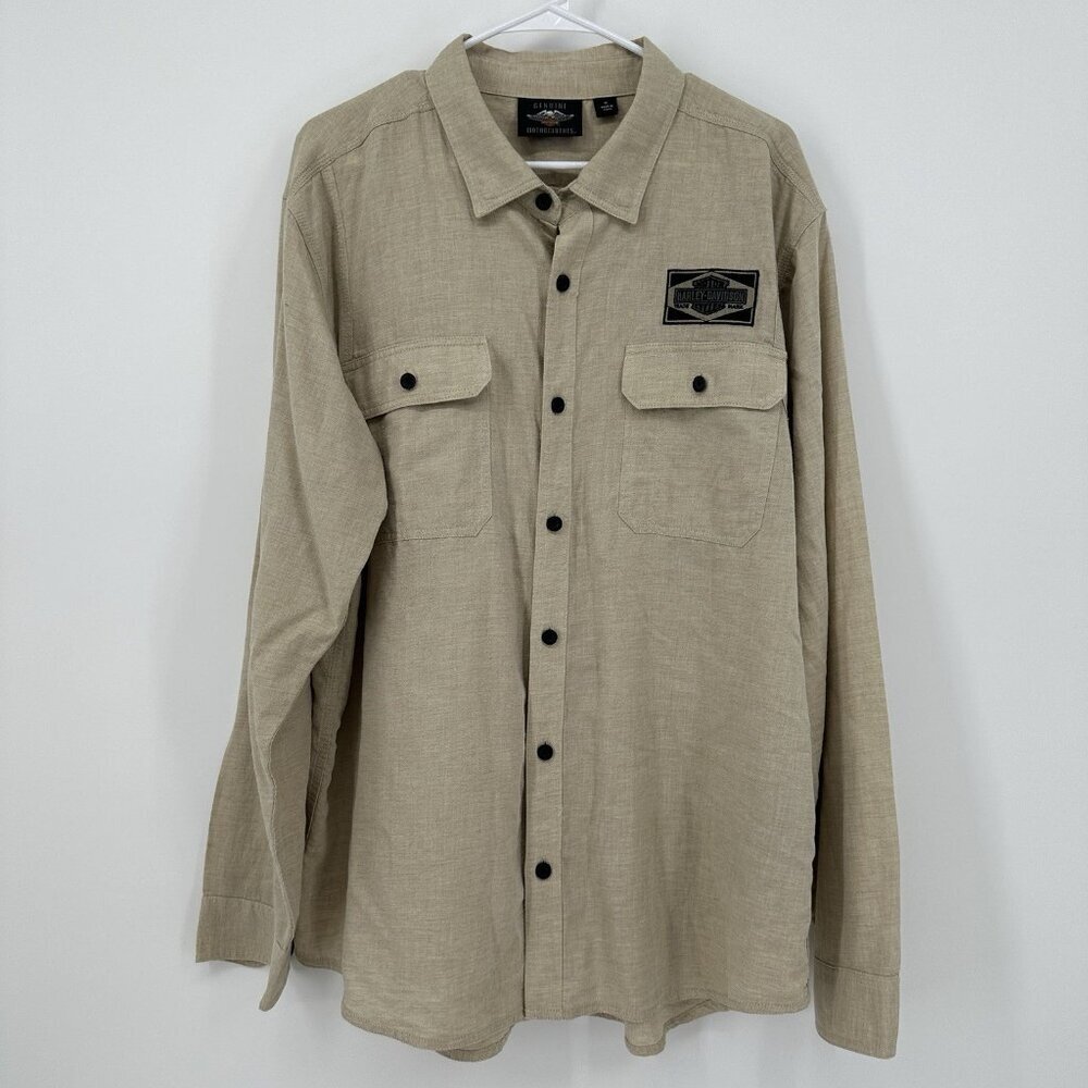 Harley Davidson Long Sleeve Button Up Shirt Tan Mens Size XL Logo Motorcycle